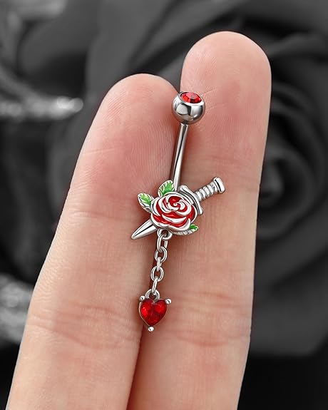 Jewseen 14g Halloween Belly Button Rings Surgical Stainless Steel Belly Rings Heart Floral Dangle Belly Button Piercing Navel Rings for Women Men