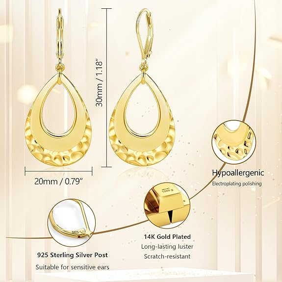 ALEXCRAFT 925 Sterling Silver Teardrop Dangle Earrings for Women Hammered Layer Drop Dangle Earrings Jewelry Hypoallergenic Boho Teardrop Leverback Dangle Earings for Jewelry Gifts