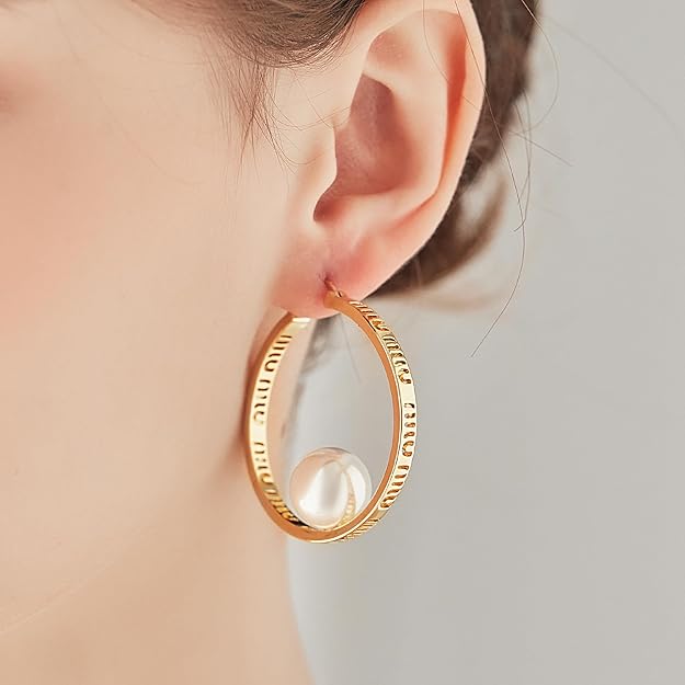 Pearl Hoop Earrings for Women - Large Gold Hoops Circle Pearl Hoop Earrings Trendy Hypoallergenic 14k Gold 925 Sterling Silver Posts Earrings | Elegant Wedding Party Jewelry