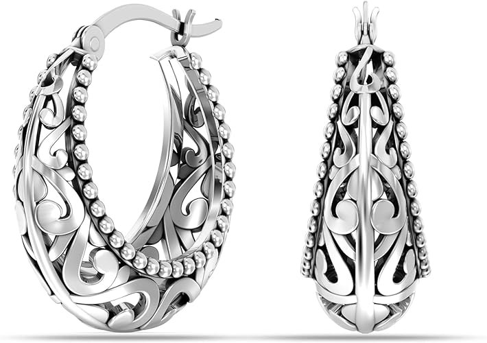 925 Sterling Silver Jewelry Filigree Cut Click-Top Hoop Earrings for Women and Teen