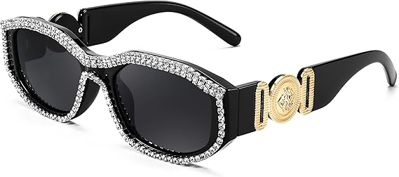 FEISEDY Rectangle Rhinestone Sunglasses for Women Men Bling Jeweled Retro Square Sunglasses 90s Vintage Shades B0091