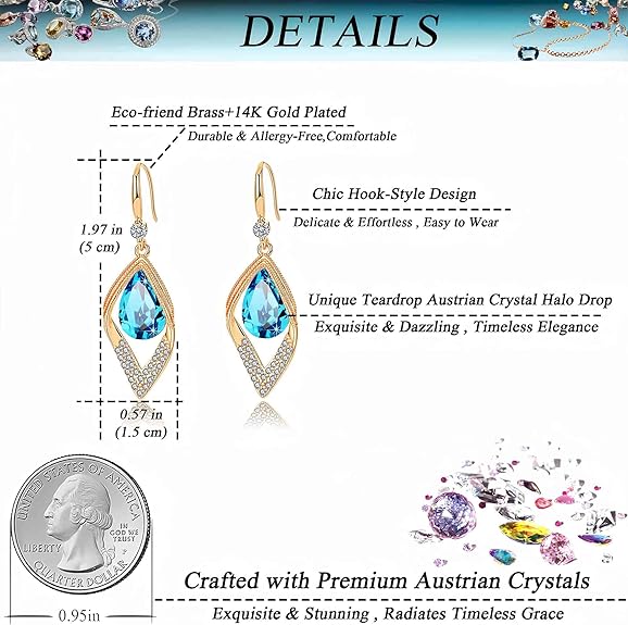 Austrian Crystal Teardrop Hollow Leaf Drop Dangle Earrings for Women 14K Rose Gold Plated Hypoallergenic Jewelry