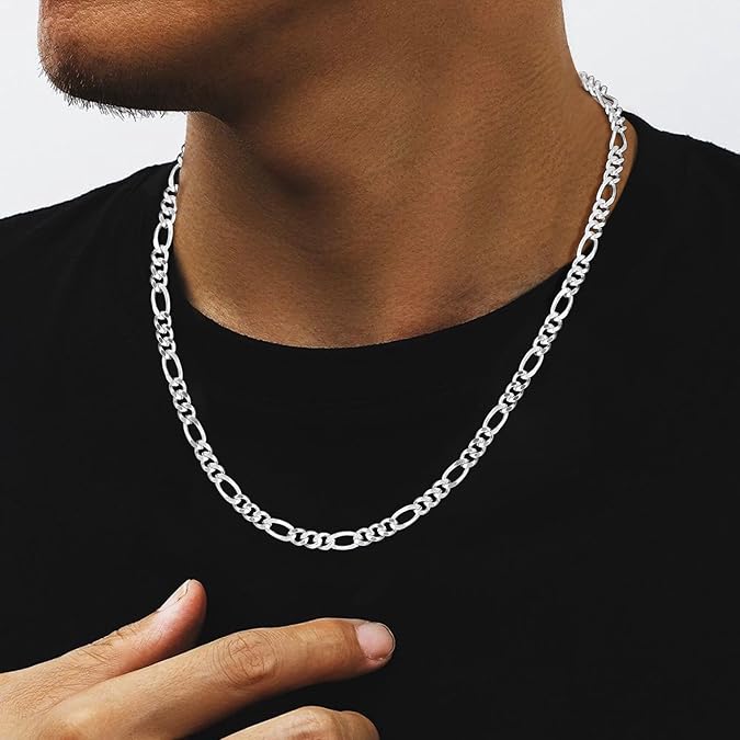 925 Sterling Silver Over Figaro Chain, Dianty Diamond Cut 4mm Silver Chain for Men Jewelry Gifts for Men Father Boyfriends 20 Inches