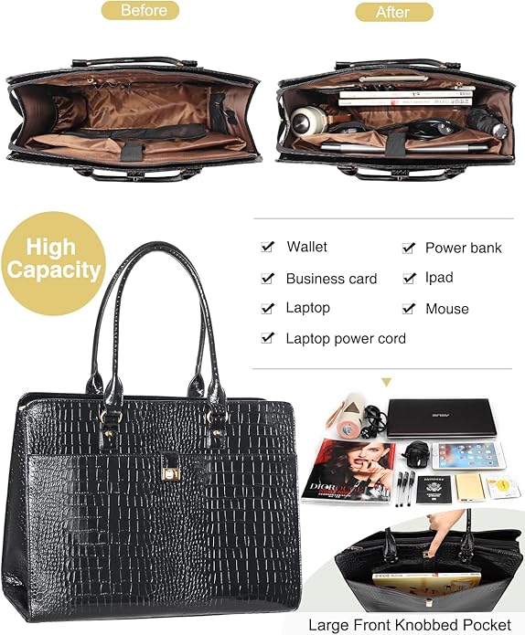 17.3 Inch Leather Laptop Tote Bag,Waterproof Briefcase Professional Business Office Work Bag