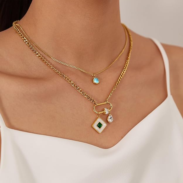 HETICA Gold Mother of Pearl Pendant Women Necklace, Double Layers Turquoise Cubic Zirconia Necklace Stainless Steel Delicate Fashionable Collar Chain Gift