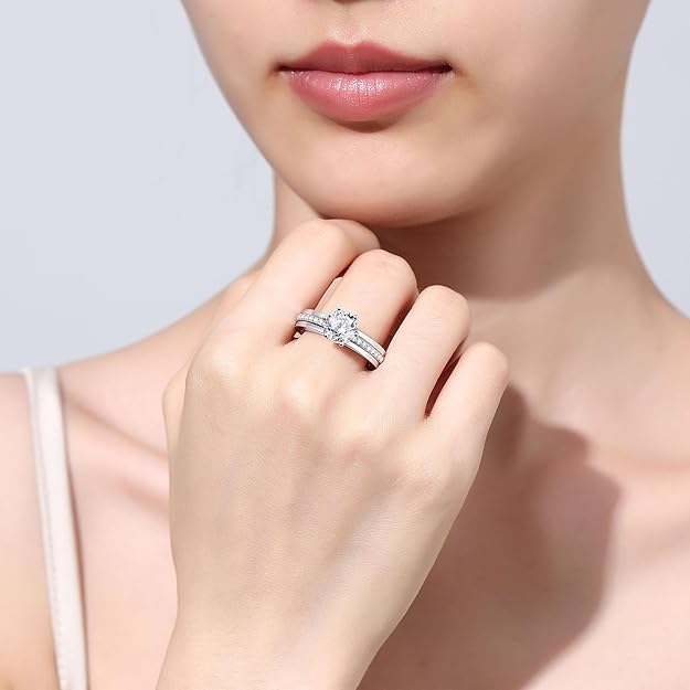Moissanite Rings for Women Moissanite Bridal Ring Sets Wedding Band D Color VVS1 Round Cut S925 Sterling Silver Engagement Ring Anniversary Wedding Valentines