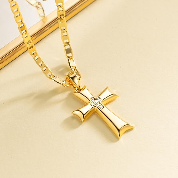 Cross Necklace for Women Gold Cross Necklaces for Women Cubic Zirconia 14K Gold Crosses Chain Necklace Pendant for Womens Mariner Chain Ribbon-Edge 48cm Womens Crosses Necklaces 24mm
