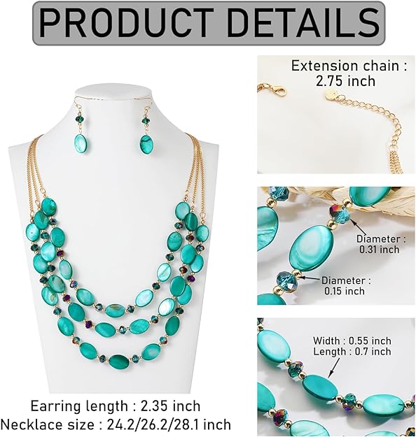 Firstmeet 3 Layered Beaded Necklace Set with Earrings Oval Shell Beads Jewelry Gift for Women