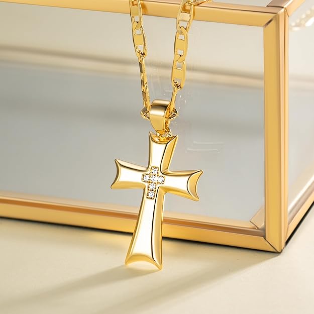 Cross Necklace for Women Gold Cross Necklaces for Women Cubic Zirconia 14K Gold Crosses Chain Necklace Pendant for Womens Mariner Chain Ribbon-Edge 48cm Womens Crosses Necklaces 24mm