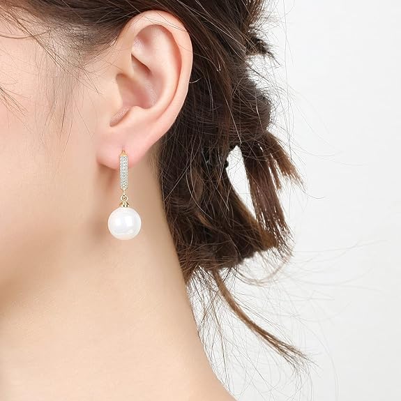 Pearl Dangle Earrings for Women Girls 14K White Gold Plated Cubic Zirconia
