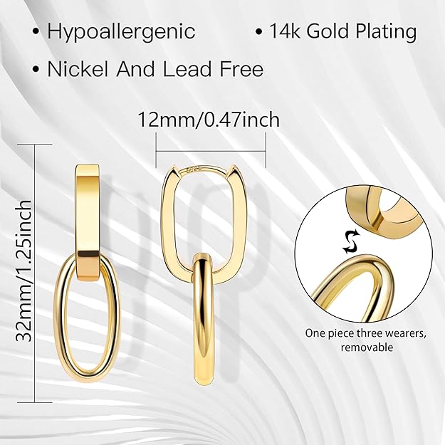 14K Gold Plated 925 Sterling Silver Post Dangle Earrings For Women Trendy Drop Earrings Small Sterling Silver Earrings Square Huggie Paperclip Dangly Hoop Silver Hoops Fashion Earrings Jewelry