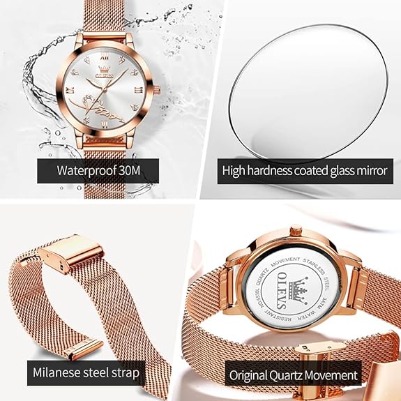 OLEVS Women Watch Fashion Rose Gold Diamond Analog Quartz Female Watch for Women Luxury Dress Ladies Stainless Steel Luminous Waterproof Date Wrist Watches