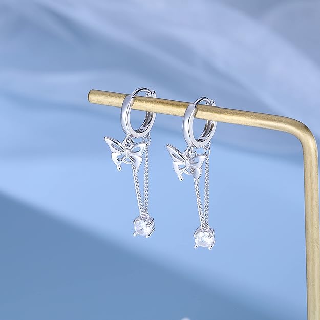 SLUYNZ Sterling Silver Butterfly Drop Dangle Small Hoop Earrings Chain for Women Teens CZ Butterfly Hoop Earrings Huggie