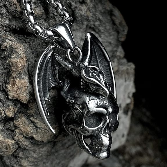 bahamut Mens Skull Dragon Pendant Necklace for Men Boys Silver