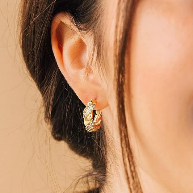 Chunky Open Hoop Earrings for Women 14K Gold Plated Sterling Silver Post Twisted Rope Earring Jewelry Gift