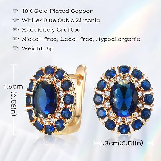 Sapphire Earrings for women,Cubic Zirconia Stud Earrings 18K Gold Plated Crystal Flower Earrings