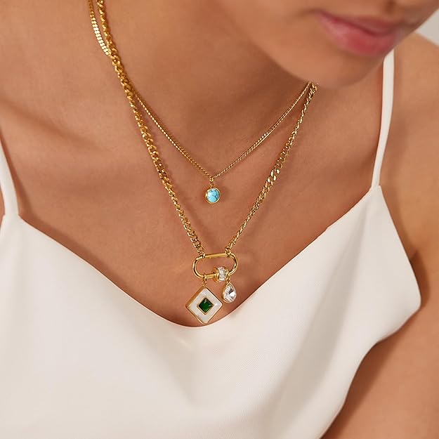 HETICA Gold Mother of Pearl Pendant Women Necklace, Double Layers Turquoise Cubic Zirconia Necklace Stainless Steel Delicate Fashionable Collar Chain Gift