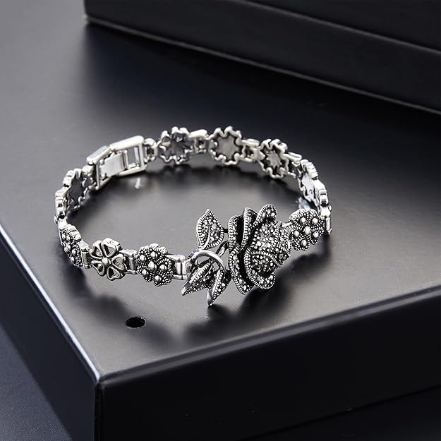 Vintage Charm Bracelet for Women Elegant Black Onyx and Marcasite with Silver Rose Flower Design, Retro Ideal for Women's Jewelry Gifts