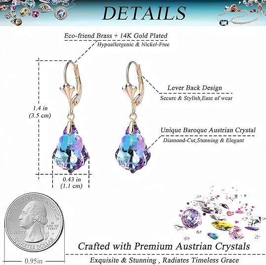 Austrian Crystal Baroque Drop Leverback Earrings for Women Fashion 14K Gold Plated Hypoallergenic Jewelry