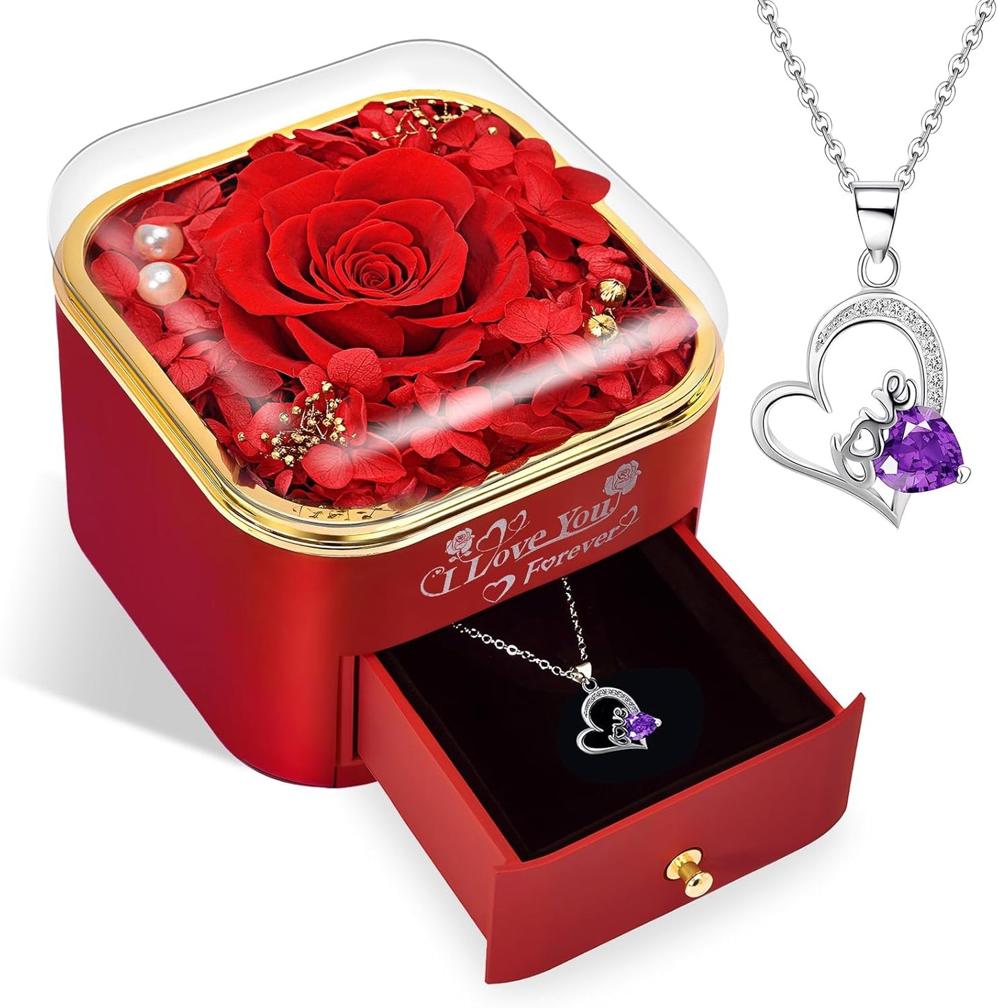 Preserved Real Purple/Red Rose with Love Necklace,Forever Flowers Gifts for Women Wife Mom Grandma Girlfriend, Christmas Valentines Anniversary Birthday Gifts for Her