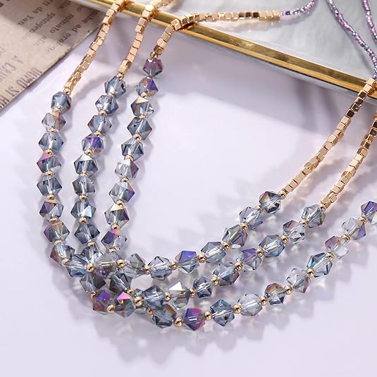 Bocar Necklace for Women, 3 Layer Beaded Necklace Crystal Beads Strand Fashion Jewelry, Party Gifts for Her