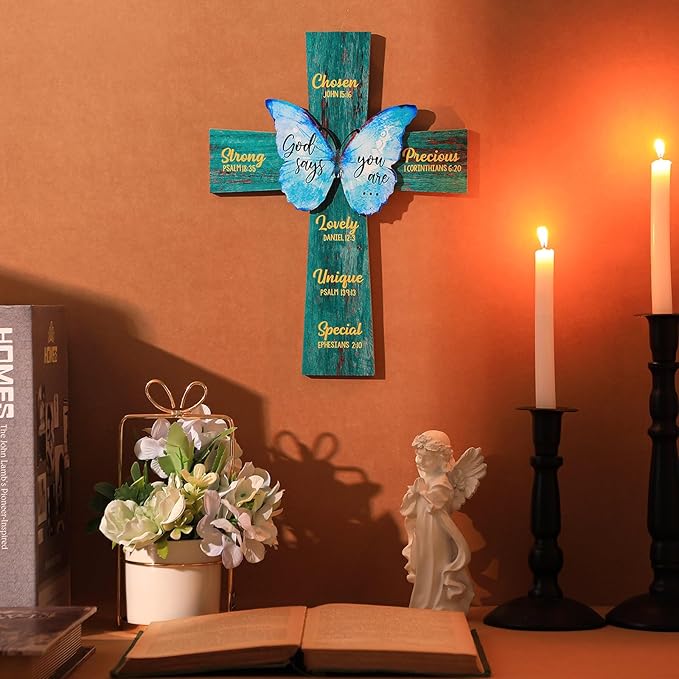 Panelee 11.81 Inch Christian Wood Sign Wood Cross Butterfly Wall Decor Sunflower Bible Verse Wall Sign Bible Theme Inspirational Wood Sign Scripture Hanging Sign for Room Office Kitchen(Cross)