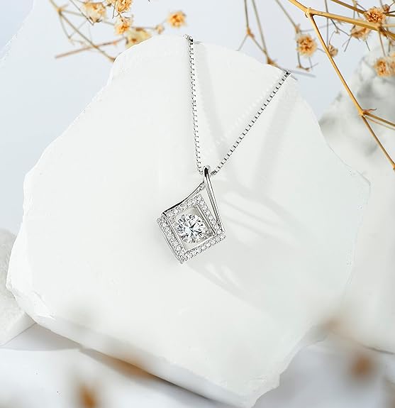 Arinza Necklaces for Women Sterling Silver Dancing Diamond Cubic Zirconia CZ Pendant, 18+2 inch Chain, Anniversary Birthday Jewelry Gifts for Wife/Mom/Women/Sister/Daughter