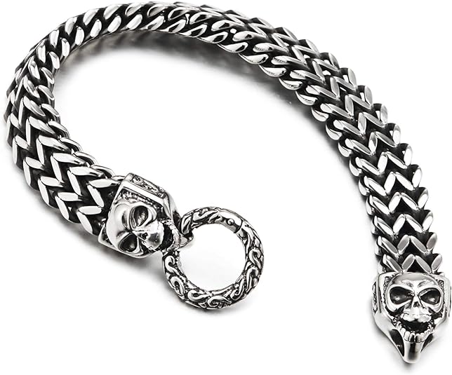 COOLSTEELANDBEYOND Gothic Mens Stainless Steel Franco Box Chain Link Curb Chain Bracelet with Skulls Spring Ring Clasp