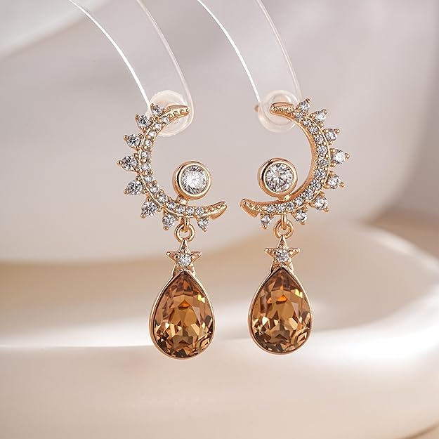 EVEVIC Austrian Crystal Teardrop Moon Star Celestial Dangle Earrings for Women 14K Rose Gold Plated Hypoallergenic Drop Earring Jewelry Gifts