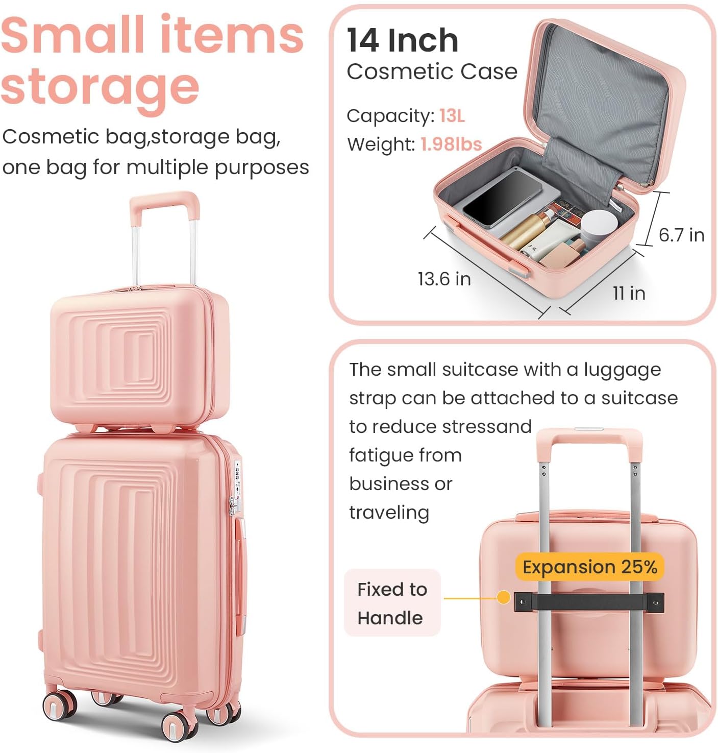 Luggage Set 4 Piece Suitcase Sets with Double Spinner Wheel, Expandable Hardside Travel Luggage with TSA Lock (14/20/24/28), PP Material Hardshell Carry on Travel Suitcases (D# Pink)