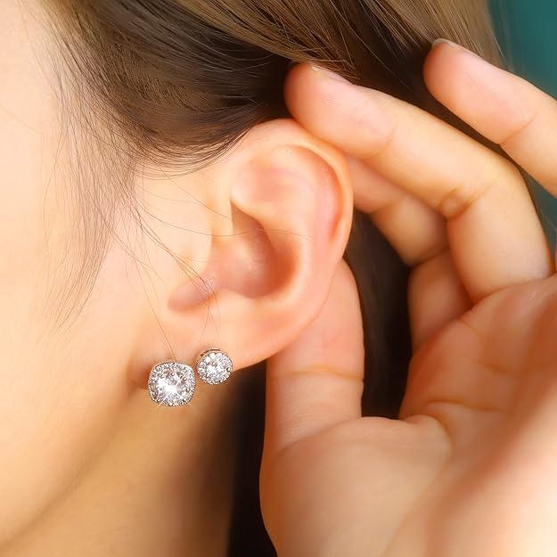 ALEXCRAFT Sterling Silver Stud Earrings for Women Girls Cubic Zirconia Halo Round Heart Square Diamond Large Silver Stud Set