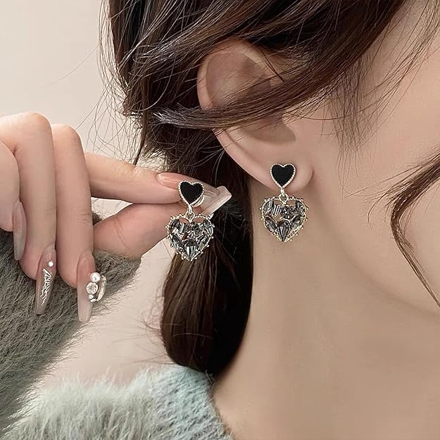 HETICA Double Heart Earrings for Women, Black Cubic Zirconia Heart Drop Earrings Love Heart Dangle Earrings Jewelry Gifts for Women