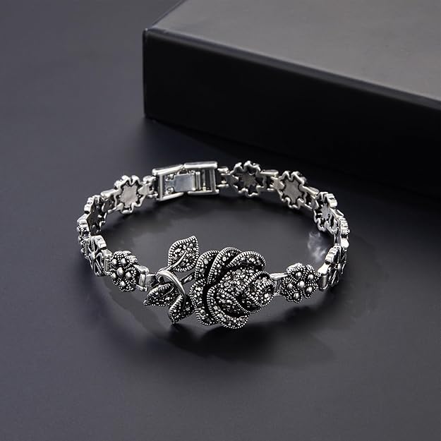 Vintage Charm Bracelet for Women Elegant Black Onyx and Marcasite with Silver Rose Flower Design, Retro Ideal for Women's Jewelry Gifts