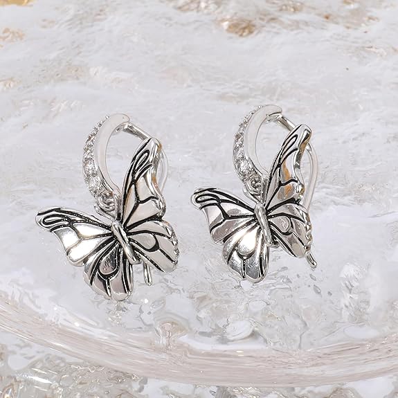 Vintage Silver Dangle Butterfly Earrings for Women Punk Butterfly Cubic Zirconia Huggie Hoop Earrings Drop Intersect Fairy Butterfly Earrings Spring Summer Jewelry Gift for Women