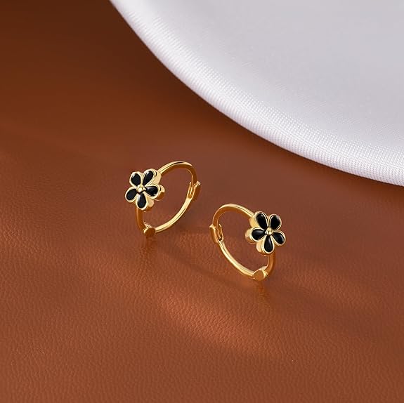 Reffeer Solid 925 Sterling Silver Daisy Flower Hoop Earrings Huggie for Women Black Flower Hoop Earrings Cartilage Helix Earrings