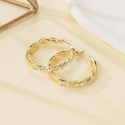 ENROSE Gold Hoop Earrings 14K Gold Earring for Women Twisted Large Hoop Earrings Minimalist Diamond Earring Jewelry 29mm*4mm
