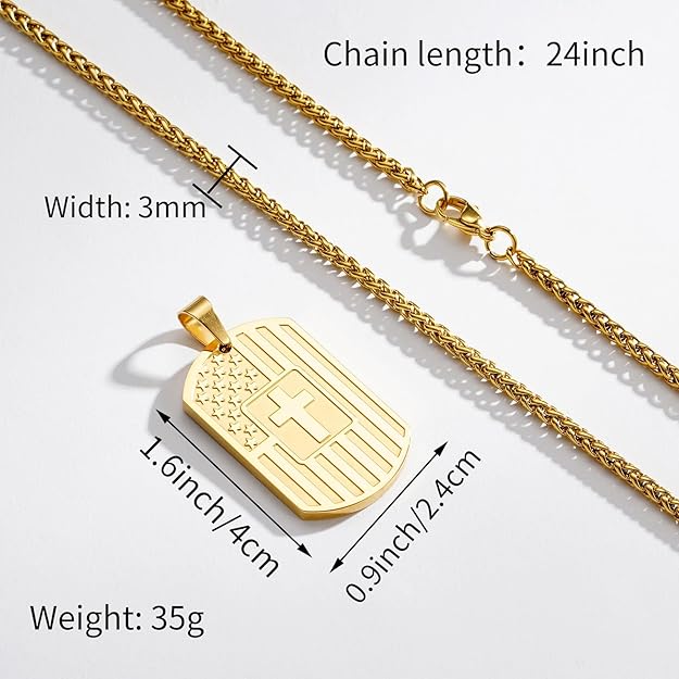 DuoDiner American Dog Tag Necklace Bible Verse Pendant, Men Boys Kids Stainless Steel Cross Patriotic Flag Christmas Jewelry Gift 24 Inches Chain