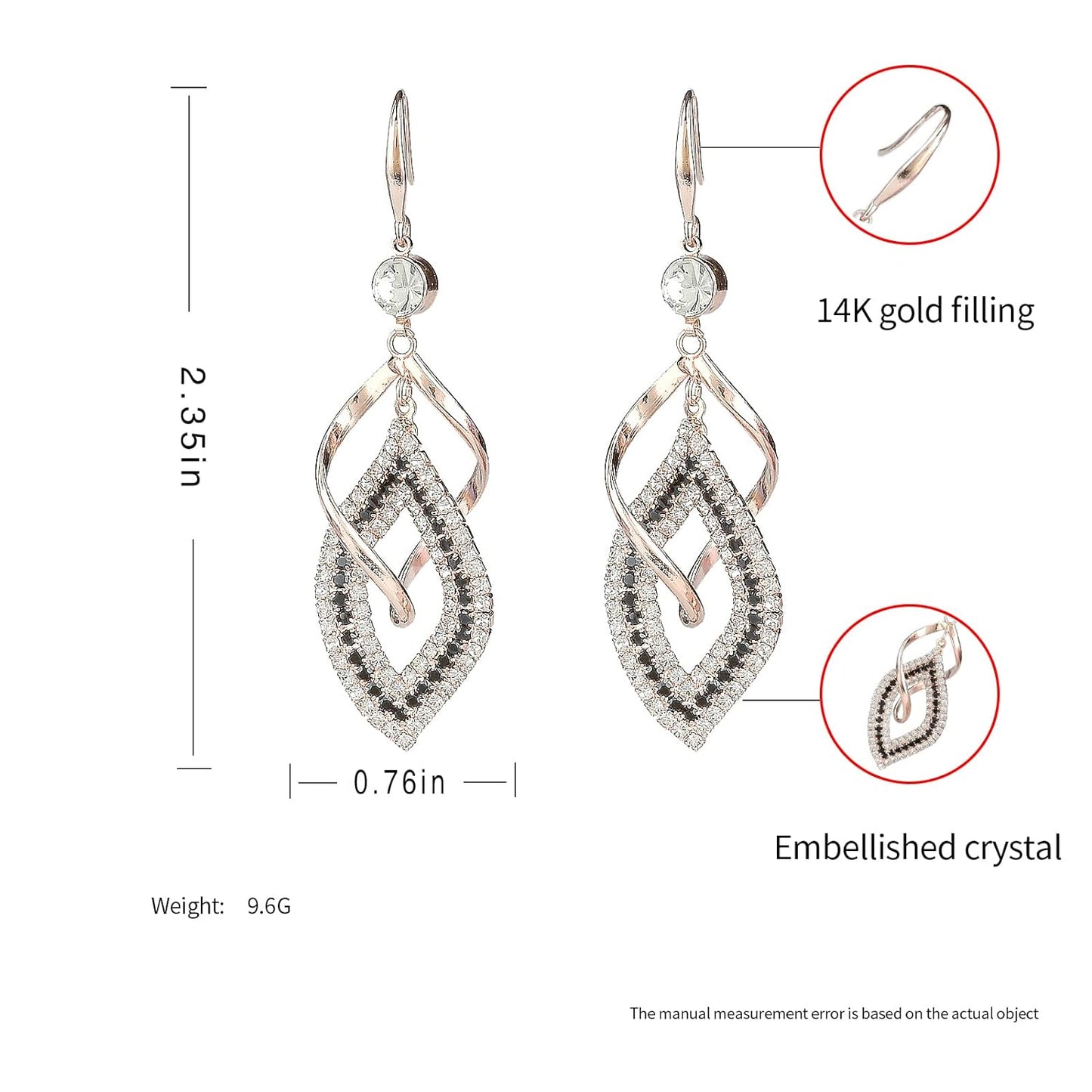 Dangle Earrings for Women and Teen Girls, 925 Silver Handmade Linear Swirl Wire Bohemian Boho Diamonds Earrings, Gifts for Women (Rose Gold, Hoho Diamonds)