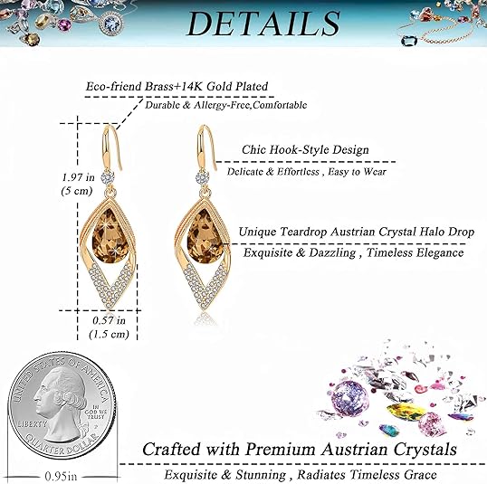 Austrian Crystal Teardrop Hollow Leaf Drop Dangle Earrings for Women 14K Rose Gold Plated Hypoallergenic Jewelry