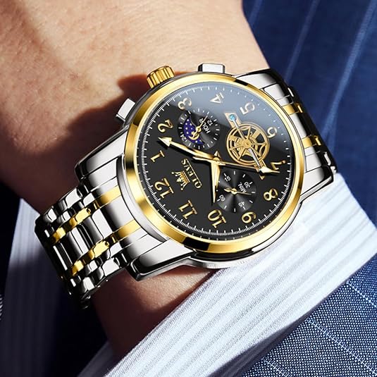 OUPINKE Men Watch Analog Quartz Luxury Dress Big Face Wrist Watches Stainless Steel Moon Phase Waterproof Luminous Business Classic Casual