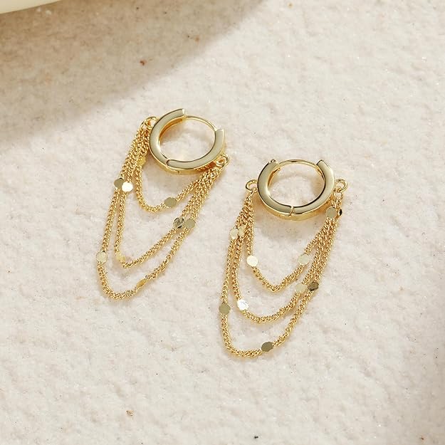 Ritach Trendy Gold Huggie Hoop Earrings for Women Shiny 925 Sterling Silver Disco Ball Cute Chain Hoop Drop Earrings for Teen Girls