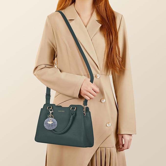 IGOLUMON Women's Top-Handle Handbags PU Vegan Leather Satchel Purses for Women Designer Tote Purse Handbag with Cute Pompom