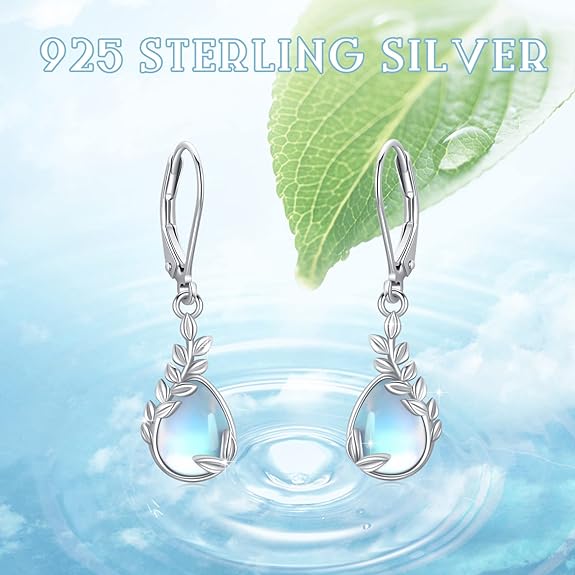 Leaf Earrings 925 Sterling Silver Leaf Dangle Earrings Moonstone Drop Earrings Leaves Leverback Earrings Leaf Jewelry Gift for Women Girls