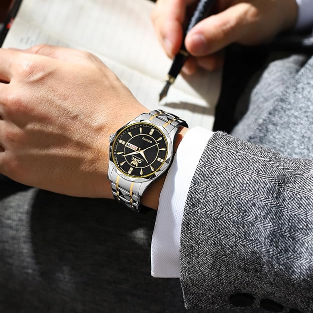 Watches for Men,Dress Analog Quartz Mens Watch, Stainless Steel Waterproof Luminous Wristwatch ,Big Face Calendar Elegant Gift for Men
