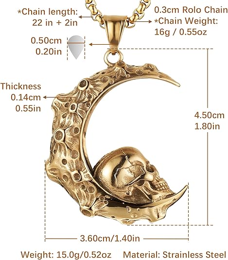 HZMAN Mens Women Gothic Retro Moon Crescent Skull Stainless Steel Pendant Necklace 22+2 Inch Chain