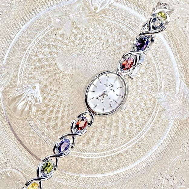 MASTOP Luxury Vintage Colorful Crystal Oval Watch Fashion Ladies Small Dial Dress Quartz Wrist Watch Waterproof Watch Fashion Bangle with Stainless Steel Band