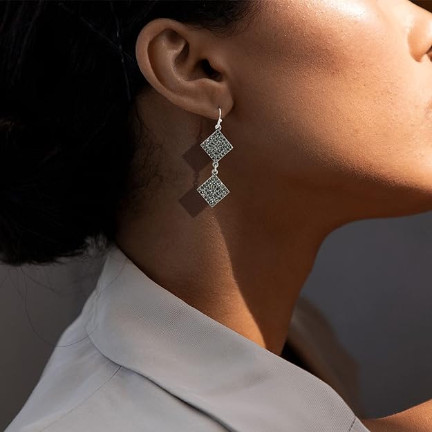 Jet Black Rhinestone Dangle Earrings for Women Silver Plated Sparkling Diamonds Drop Statement Earrings - Hypoallergenic