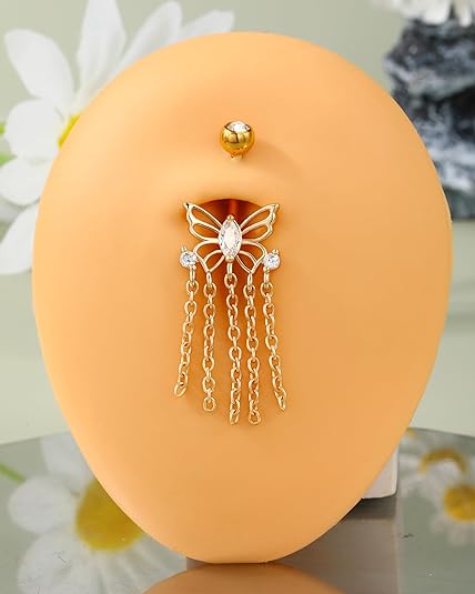 Jewseen 14G Belly Button Rings 316L Surgical Steel Belly Piercing Jewelry Butterfly Chain Belly Rings Navel Rings for Women