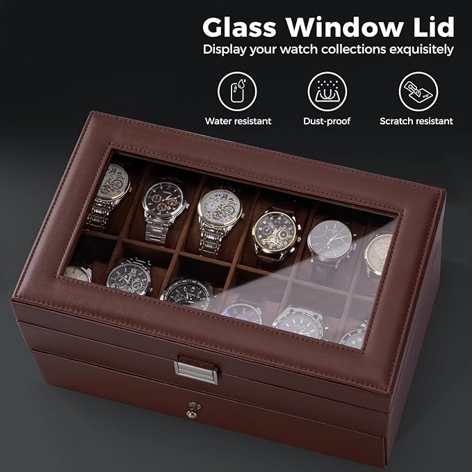 ProCase Watch Box for Men, 12 Slot Mens Watch Case With Drawer, Watch Display Case With Glass Lid, 2-Layer Watch Holder Organizer, Jewelry and Watch Storage for Men Women -12Slot, Espresso