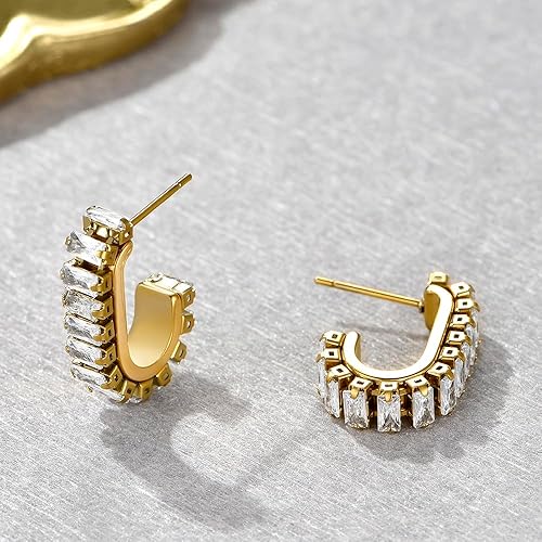 Gold Earrings for Women Girls,14K Gold Plated Hoop Earrings with 925 Sterling Silver Post Cubic Zirconia Huggie Earrings| CZ Stud Earring